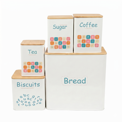 Set de 5 Boîtes de Rangement de Cuisine en Métal avec Couvercles en Bois