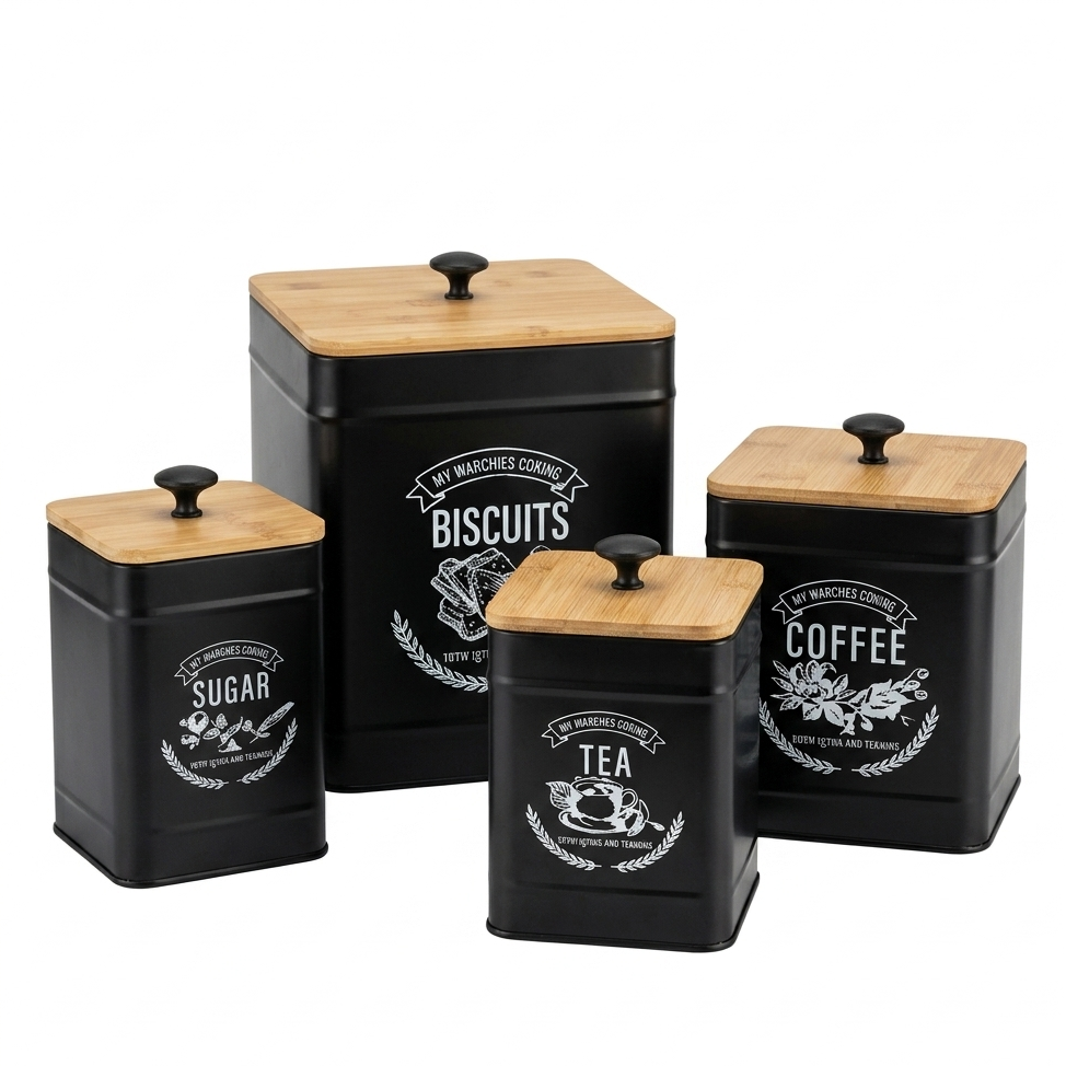 Boîtes Métal Noir avec Couvercles Bambou – Style Premium