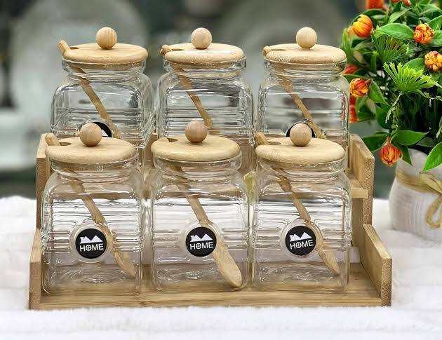 Ensemble de 6 bocaux de conservation en verre avec support en bambou
