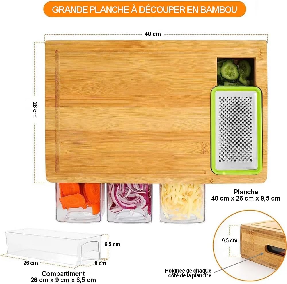 Planche à découper en bambou - 4 récipients