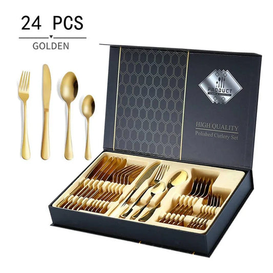 Ensemble de Couverts Dorés - Service de 24 Pièces en Acier Inoxydable