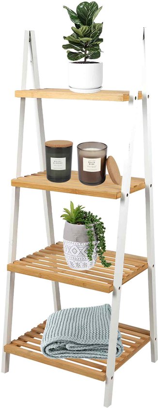 Étagère de rangement Urban Living Douche à quatre niveaux, en bambou clair et métal blanc, avec étagères à lattes.