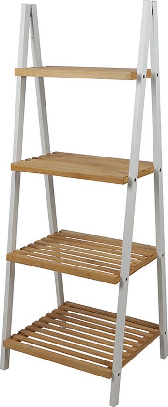 Étagère de douche Urban Living Douche à quatre niveaux, en bambou brun clair et structure métallique blanche, ajourée.