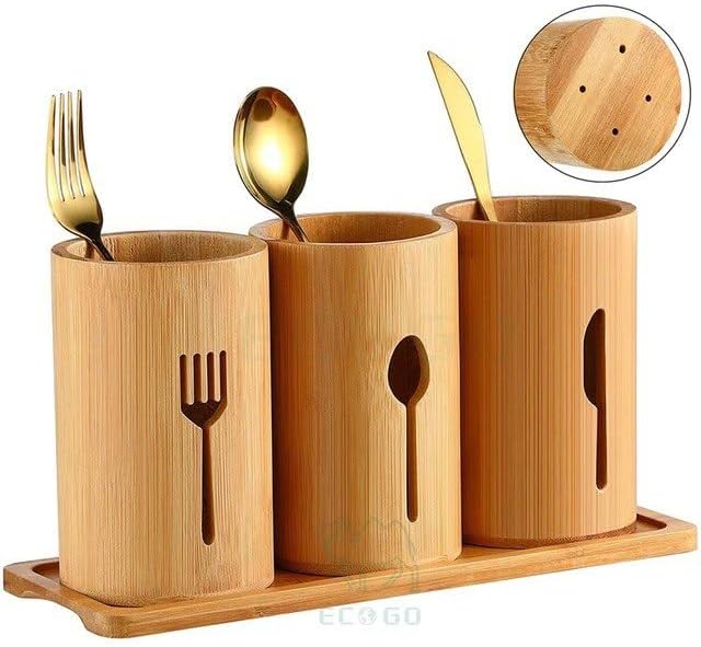 Organiseur d'ustensiles de cuisine  en bambou poli