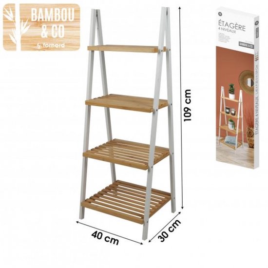 Étagère de salle de bain Urban Living Douche à quatre niveaux, en bambou brun clair avec structure métallique grise.