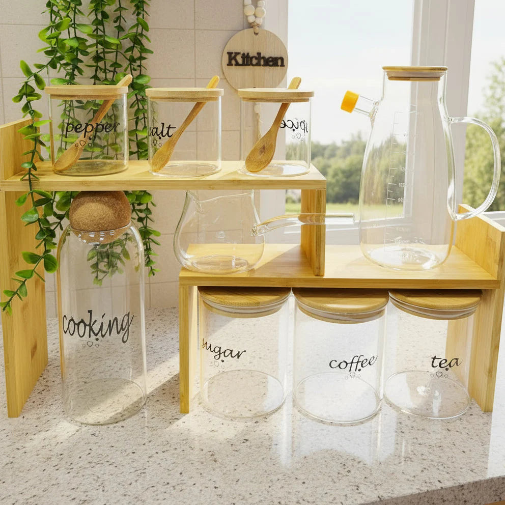 Ensemble de Bocaux en Verre avec Support en Bambou – Organisation Élégante & Naturelle pour la Cuisine