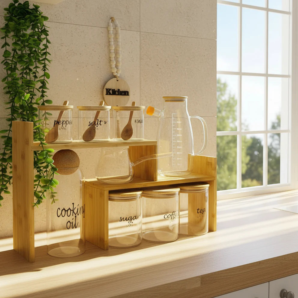 Ensemble de Bocaux en Verre avec Support en Bambou – Organisation Élégante & Naturelle pour la Cuisine