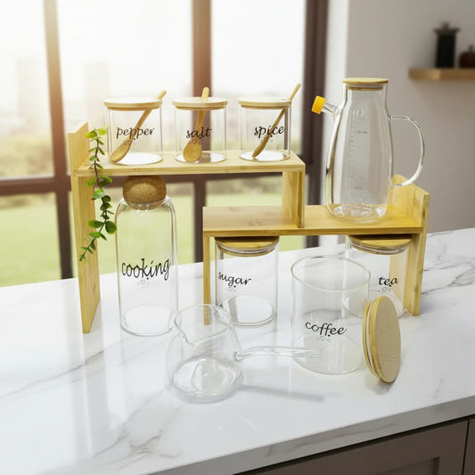 Ensemble de Bocaux en Verre avec Support en Bambou – Organisation Élégante & Naturelle pour la Cuisine