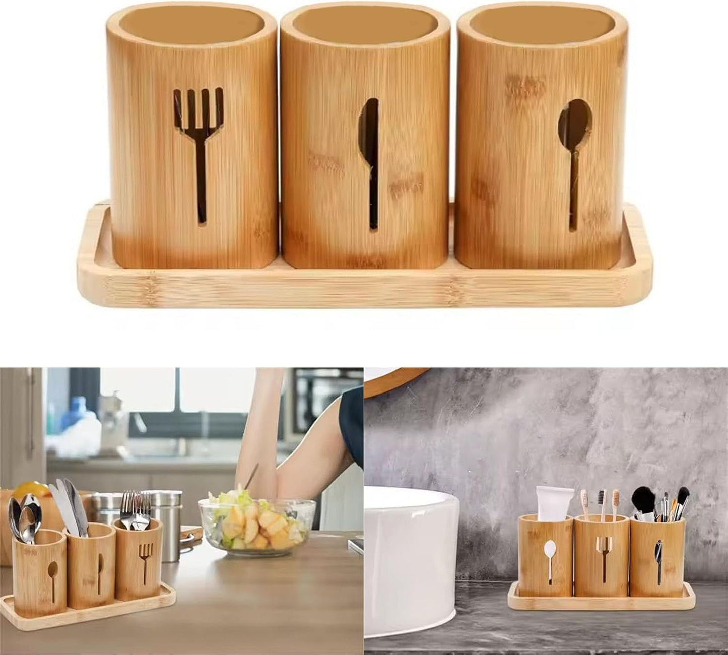 Organiseur d'ustensiles de cuisine  en bambou poli