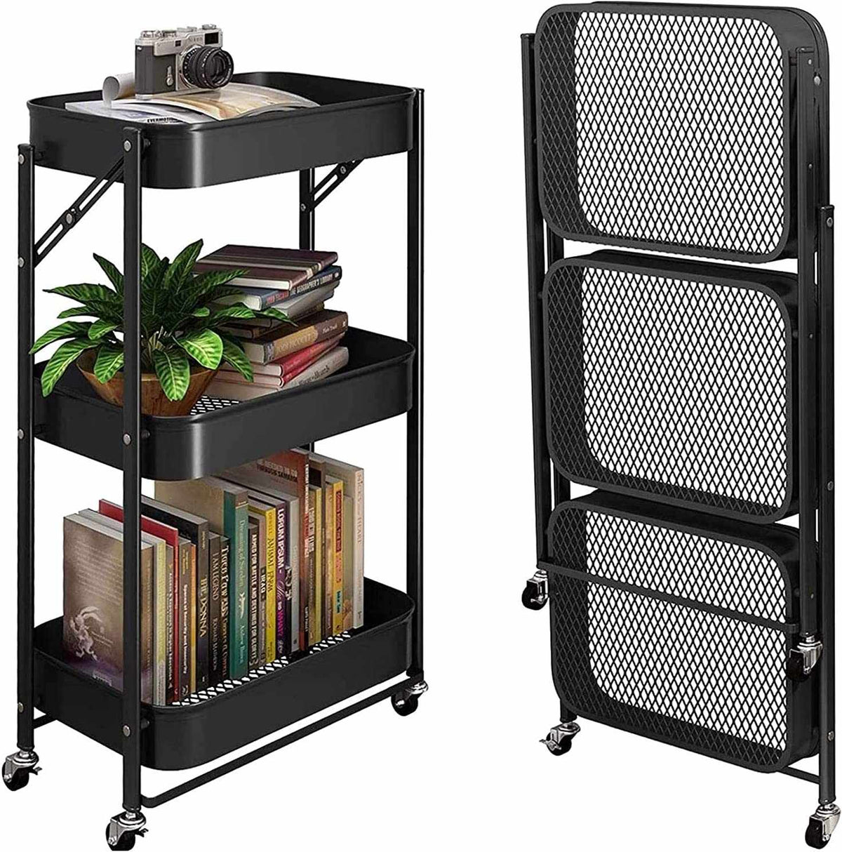 Chariot 3 Étagère noir en métal, à plateaux grillagés avec rebords et roulettes, pliable pour le rangement.