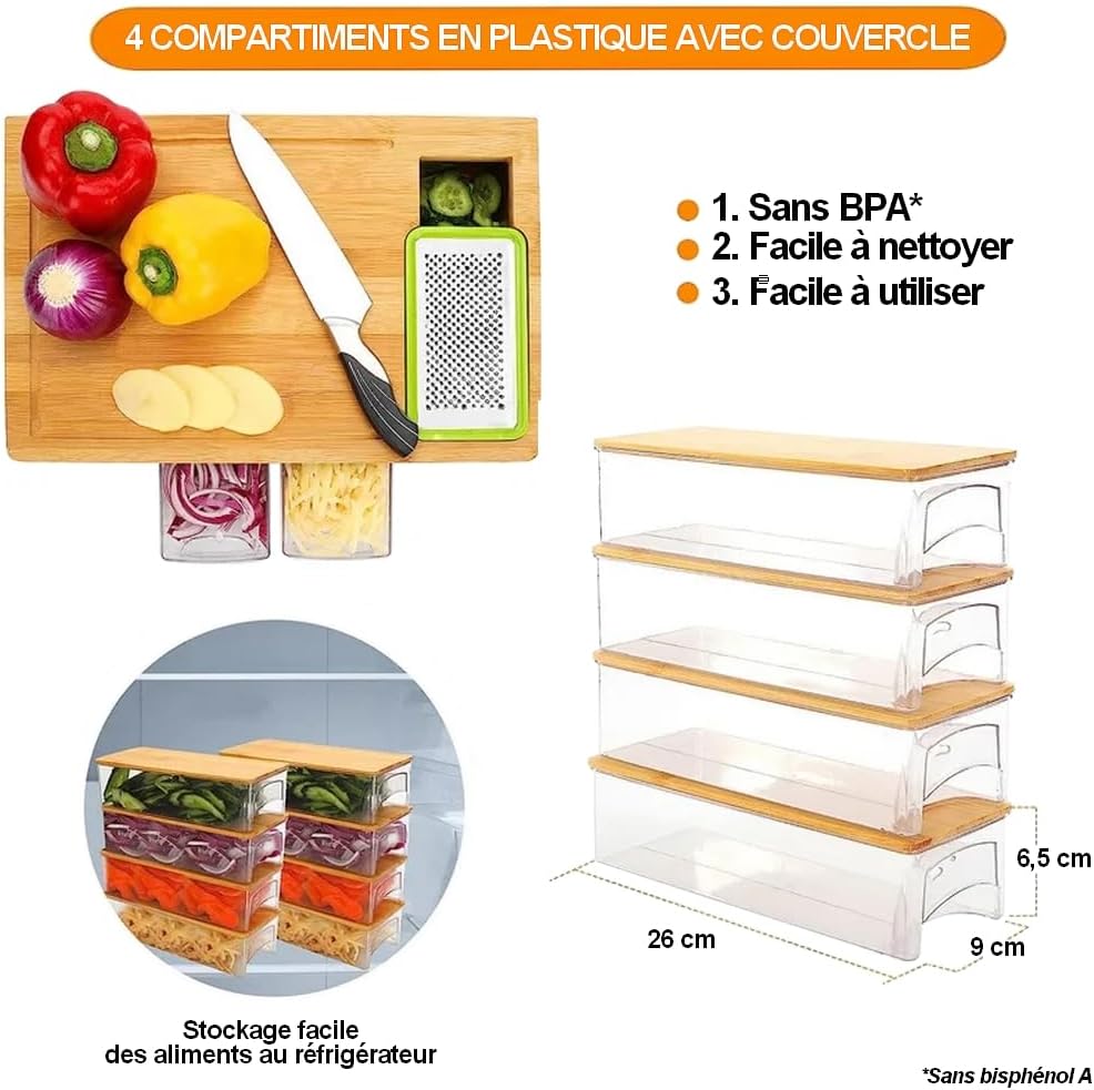 Planche à découper en bambou - 4 récipients