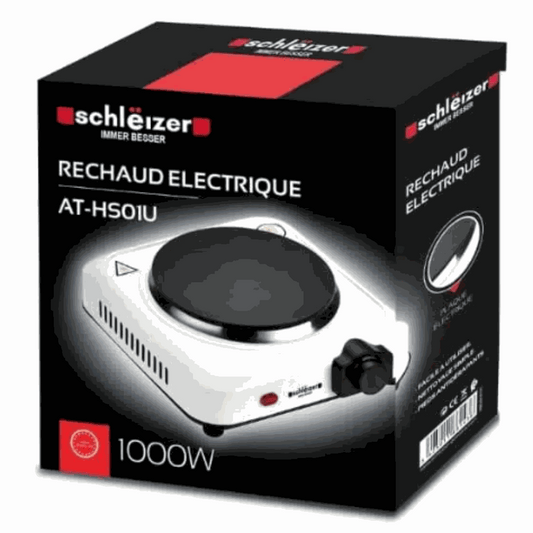 Plaque de cuisson électrique Schlëizer blanche, à foyer rond noir et molette de réglage, présentée dans son emballage noir et rouge.