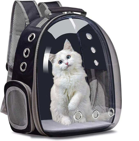 Sac à Dos pour Animaux noir en tissu avec coque transparente, aérations métalliques et fenêtres en maille, contenant un chat blanc.