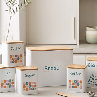 Set de 5 Boîtes de Rangement de Cuisine en Métal avec Couvercles en Bois