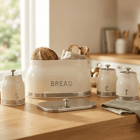 Boîte à pain bread en céramique crème, de forme arrondie, avec couvercle métallique et inscription « BREAD ».