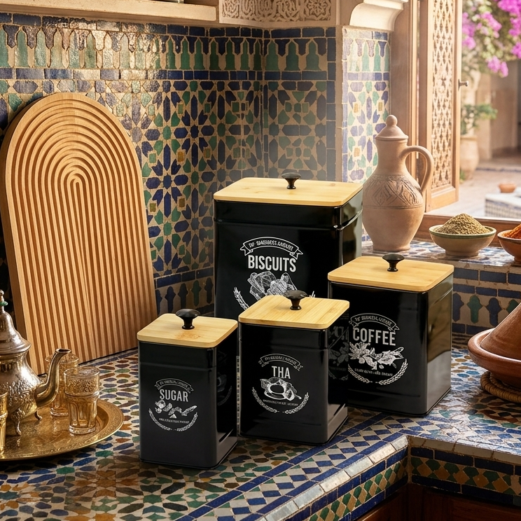 Boîtes Métal Noir avec Couvercles Bambou – Style Premium