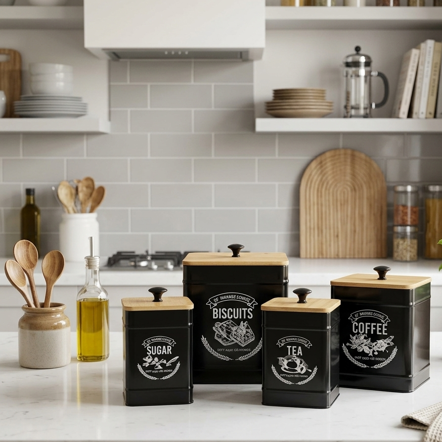 Boîtes Métal Noir avec Couvercles Bambou – Style Premium
