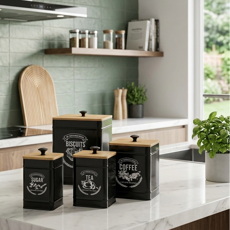 Boîtes Métal Noir avec Couvercles Bambou – Style Premium