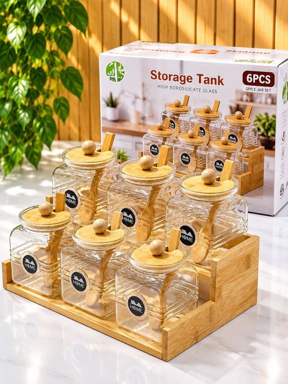 Ensemble de 6 bocaux de conservation en verre avec support en bambou