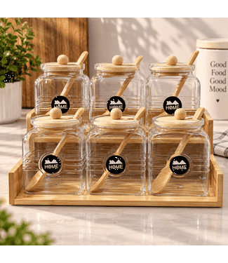 Ensemble de 6 bocaux de conservation en verre avec support en bambou