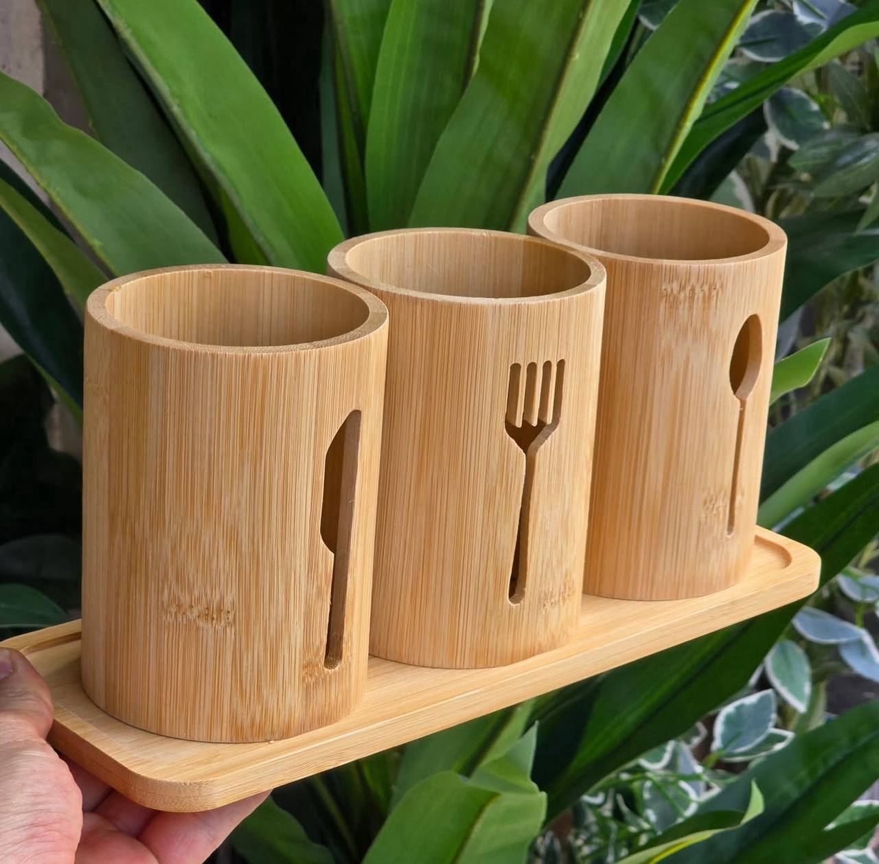 Organiseur d'ustensiles de cuisine  en bambou poli