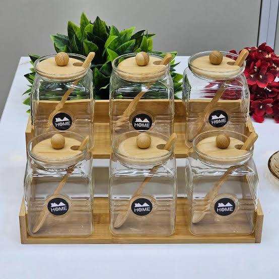 Ensemble de 6 bocaux de conservation en verre avec support en bambou